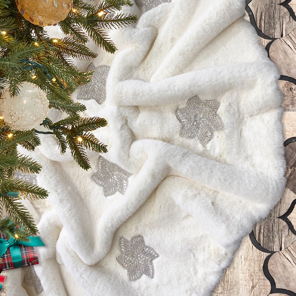 Faux Fur Christmas Tree Skirt, Holiday Decor, Adorned with Crystal Snowflakes